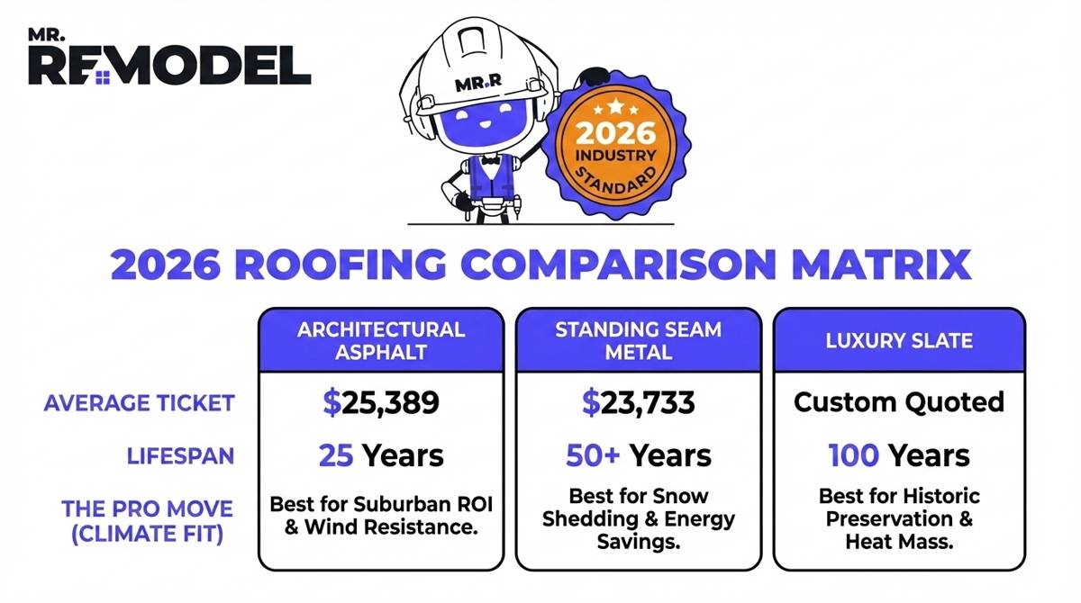 A 2026 roofing summary table comparing cost, lifespan, and climate suitability for asphalt shingles, metal roofing, and natural slate.